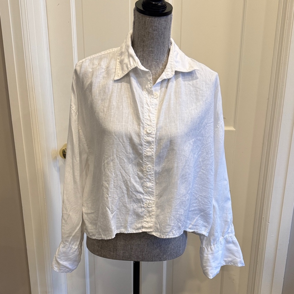 Zara White Button-Down Linen Blend Shirt